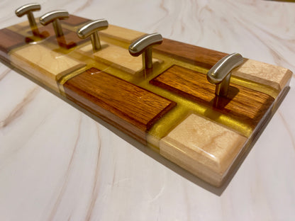 Wall Keys Hanger, Brick Wall Pattern, Golden Epoxy Resin, Handcrafted, Maple and Jatoba(Brazilian Cherry). Pick your Size.