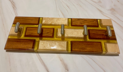 Wall Keys Hanger, Brick Wall Pattern, Golden Epoxy Resin, Handcrafted, Maple and Jatoba(Brazilian Cherry). Pick your Size.