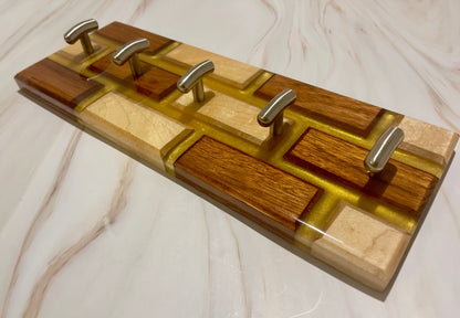 Wall Keys Hanger, Brick Wall Pattern, Golden Epoxy Resin, Handcrafted, Maple and Jatoba(Brazilian Cherry). Pick your Size.