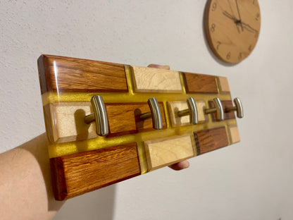 Wall Keys Hanger, Brick Wall Pattern, Golden Epoxy Resin, Handcrafted, Maple and Jatoba(Brazilian Cherry). Pick your Size.