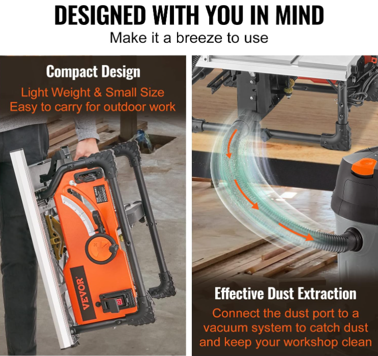 VEVOR Table Saw for Jobsite, 10-inch 15-Amp, 25-in Max Rip Capacity, Cutting Speed up to 4500RPM, 40T Blade, Portable Compact Tablesaw with Sliding Miter Gauge DIY Woodworking and Furniture Making