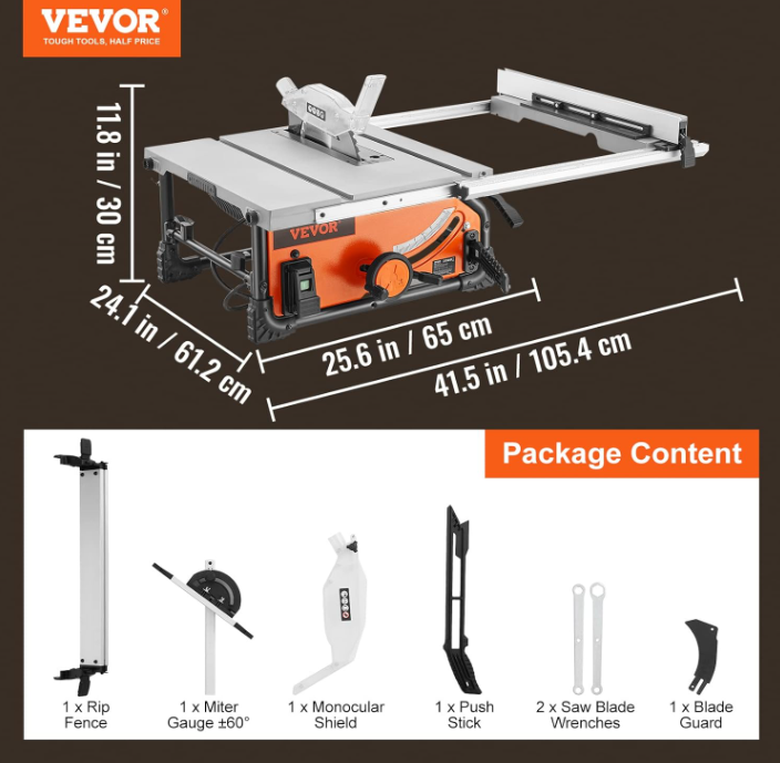 VEVOR Table Saw for Jobsite, 10-inch 15-Amp, 25-in Max Rip Capacity, Cutting Speed up to 4500RPM, 40T Blade, Portable Compact Tablesaw with Sliding Miter Gauge DIY Woodworking and Furniture Making